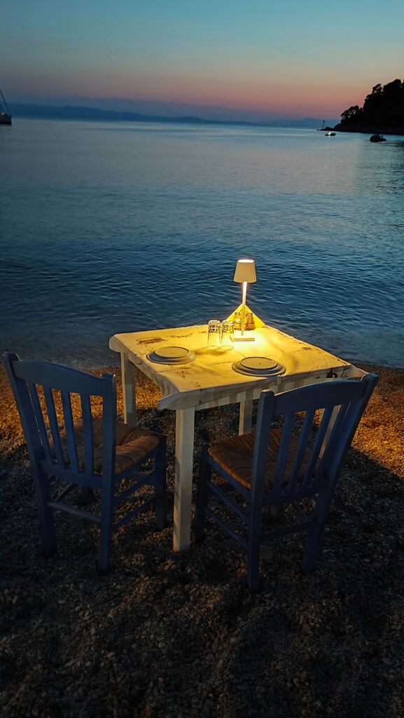 Agnontas harbor at sunset on Skopelos