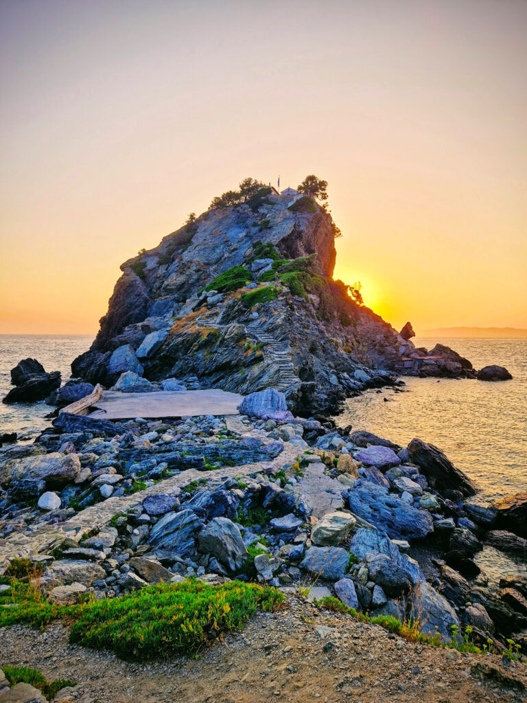 Agios Ioannis chapel on a rock in Skopelos