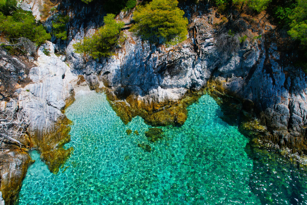 Skopelos coastline where blue sea meets green forest